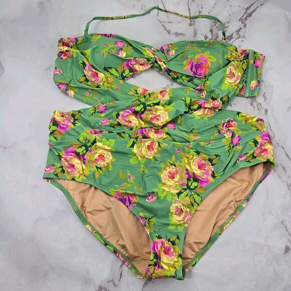 J Crew One Piece Green Criss Cross Cut Out Green Bikini Swim Suit Floral - Picture 1 of 14